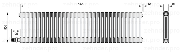 Схема (чертеж) Радиатор Zehnder Charleston 2050/31 №V003 Белый глянцевый RAL 9016